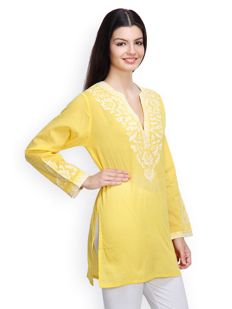 ETIQUETTE Women Yellow Solid Pleated A-Line Kurti - Absolutely Desi